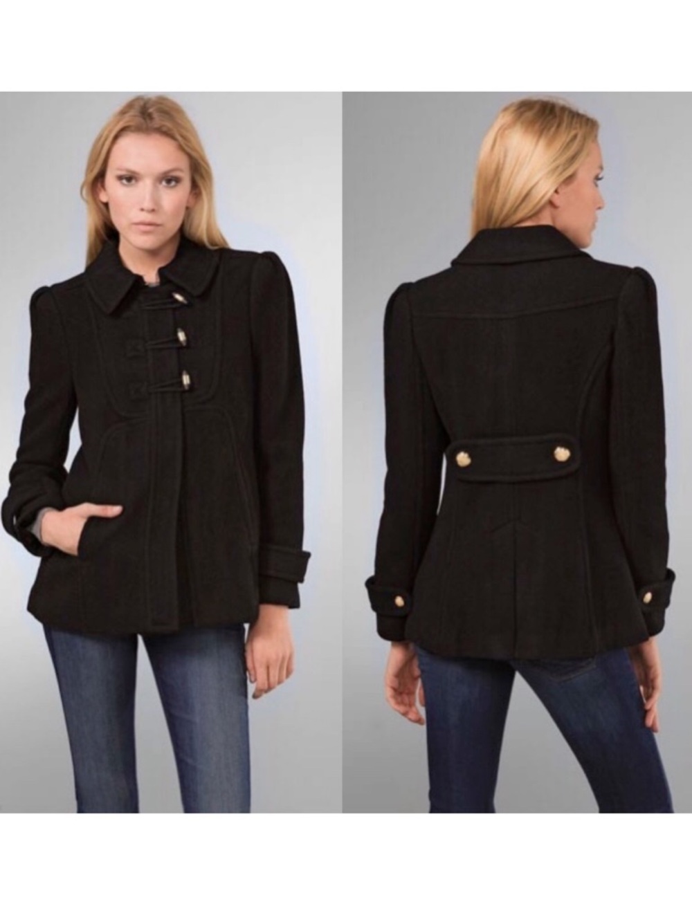 Juicy Couture Black Wool Peacoat Gold Hardware Puff Shoulder Y2K S